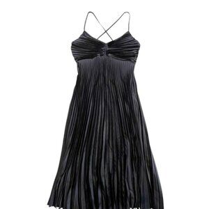 Black Pleated Spaghetti-Strap Midi Dress